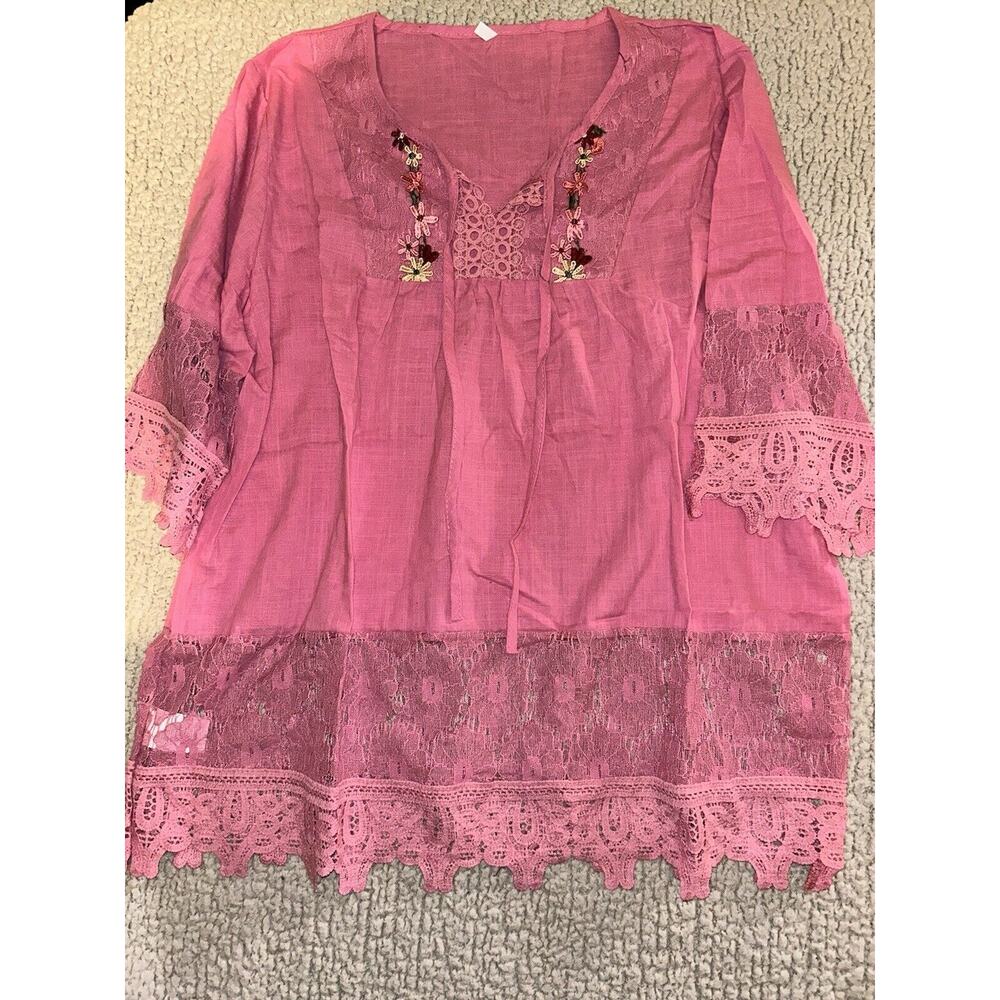 Ladies Casual Half Sleeve Tops T Shirts Women Loose V Neck Lace Shirts Blouse